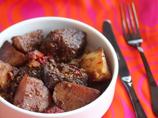 Beer-braised pot roast with mustard and cherry bomb peppers