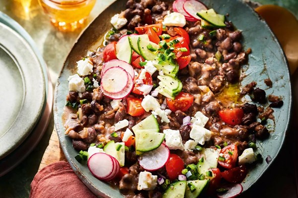 Beer-braised refried beans with crunchy veg