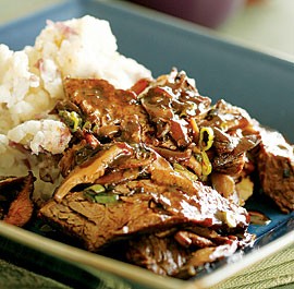 Beer-braised sirloin tips with mushroom sauce