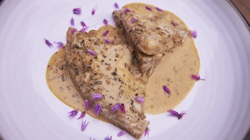 Beer-braised turbot with sage cream