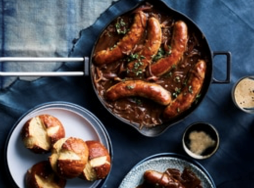 Beer bratwurst with soft pretzel rolls