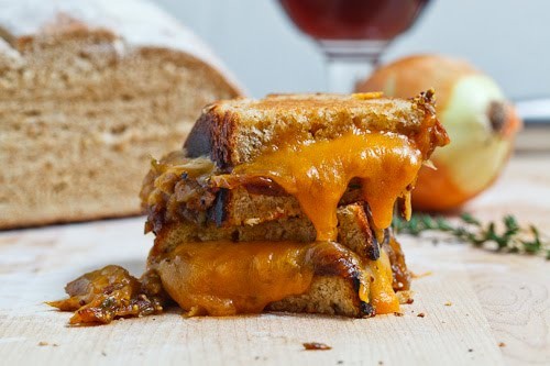 Beer bread caramelized onion grilled cheese sandwich