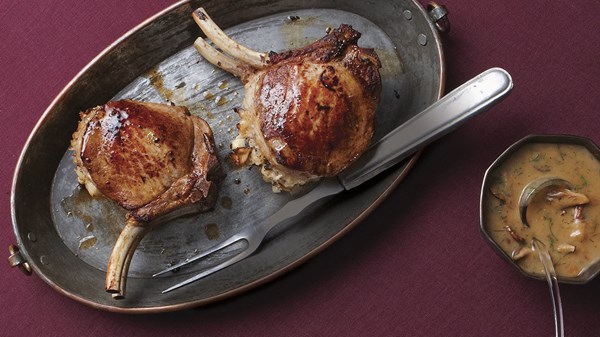 Beer-brined pork chops with wild mushroom stuffing