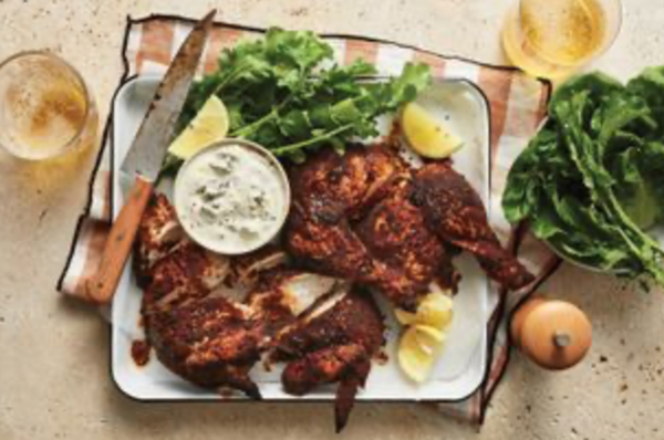 Beer can chicken with blue cheese ranch sauce