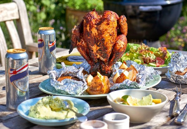 Beer can piri piri chicken with garlic  butter jacket potatoes