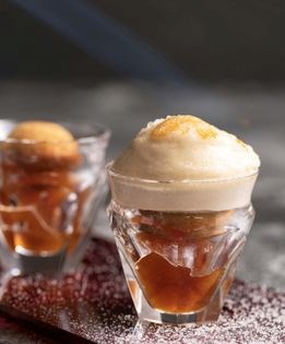 Beer frappe brûlée with apple Tatin and Chamonix biscuit
