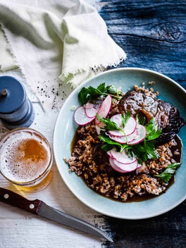 Beer-glazed beef short ribs with farro salad