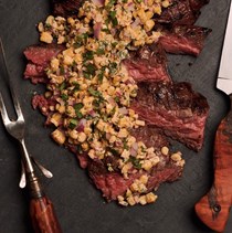 Beer-marinated bavette steak with creamy corn salsa