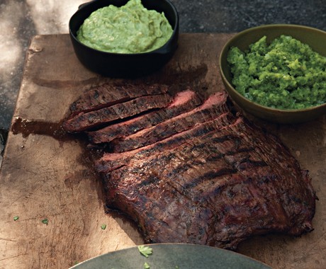 Beer-marinated flank steak with aji and guacamole