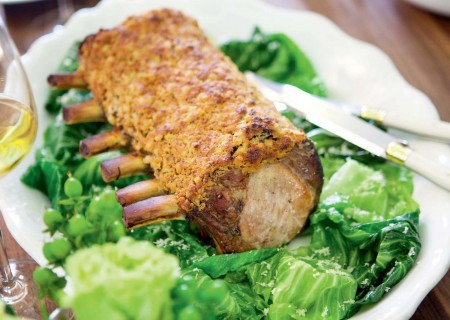 Beer-marinated pork rack with a barley-mustard crust