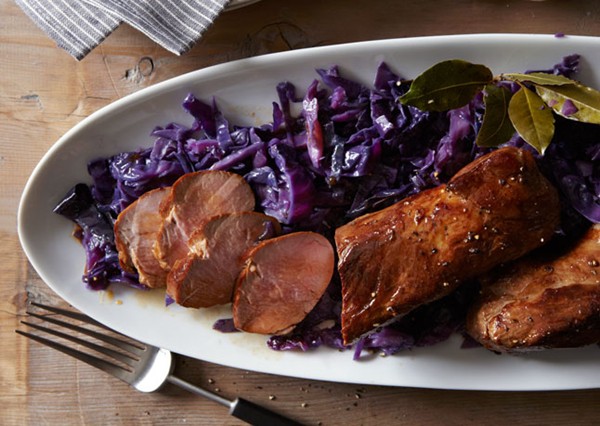Beer marinated pork tenderloin with red cabbage