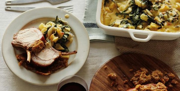 Beer-marinated rack of pork with Jeff's chard gratin