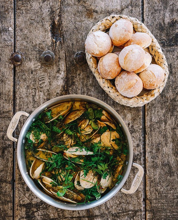 Beer-steamed clams with corn, miso & chilli