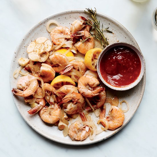 Beer-steamed shrimp with cocktail sauce