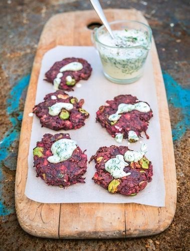 Beet & cumin fritters with horseradish & dill yogurt