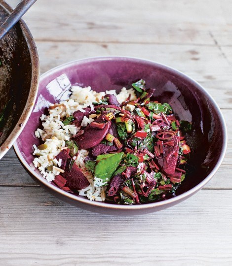 Beet and chard stir-fry with chilli, ginger and lime