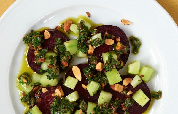 Beet and cucumber salad with toasted almond salsa verde