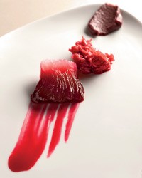 Beet-and-orange-infused daikon with onion puree