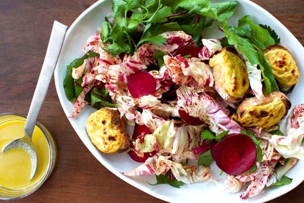 Beet and parsley salad with Welsh rarebit croutons