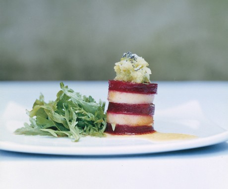 Beet and pear Napoleons with ginger juice vinaigrette