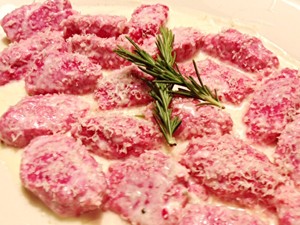Beet and ricotta gnocchi with Gorgonzola cream sauce