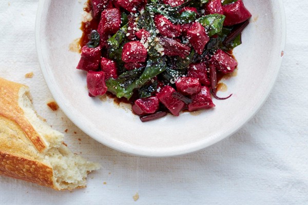 Beet and ricotta gnocchi with wilted beet greens and aged balsamic