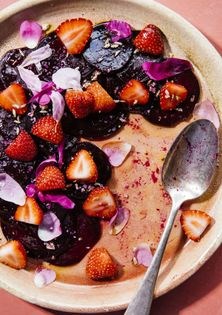 Beet carpaccio w/ strawberries, flowers + candied fennel seed