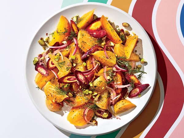 Beet, carrot, and pistachio salad