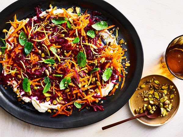 Beet-carrot slaw with garlicky labneh