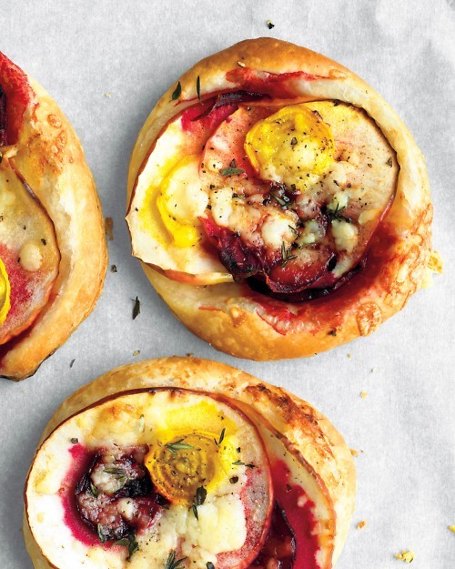 Beet, cheddar, and apple tarts