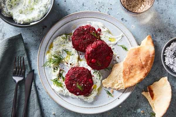 Beet-chickpea cakes with tzatziki