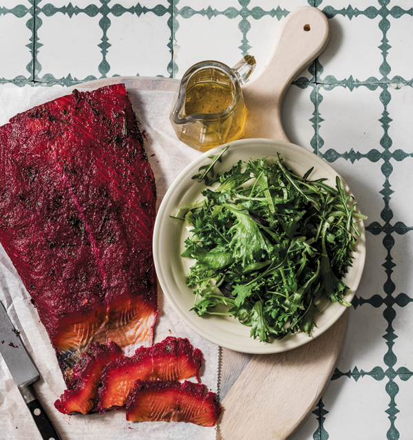 Beet-cured salmon with baby greens salad