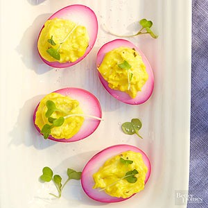 Beet-dyed deviled eggs