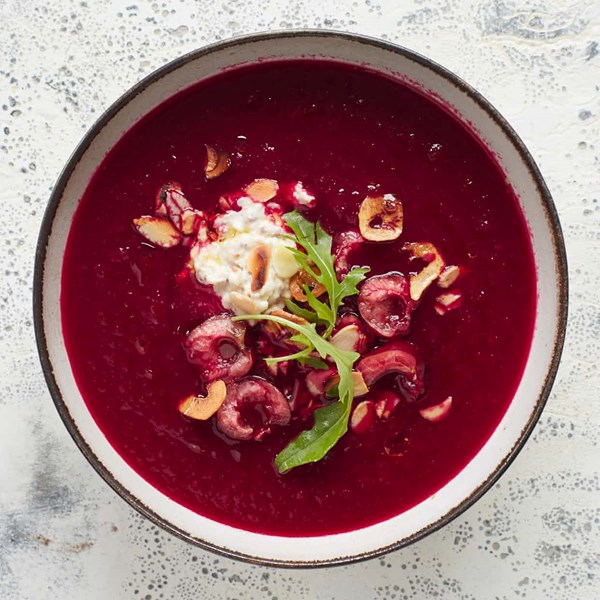 Beet gazpacho with mustard, cherries and almonds
