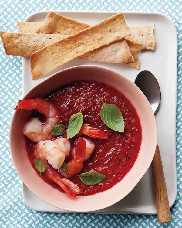 Beet gazpacho with shrimp