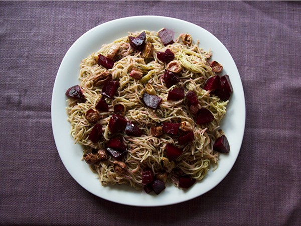 Beet green and radish green pesto pasta with roasted beets and radishes