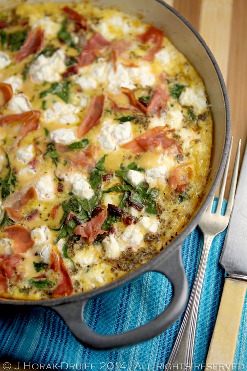 Beet green, feta and prosciutto frittata