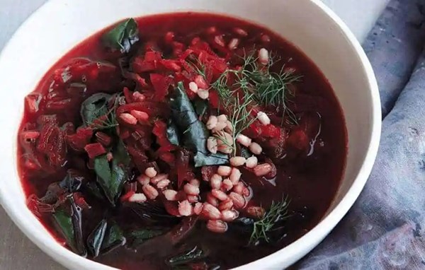 Beet greens and barley borscht