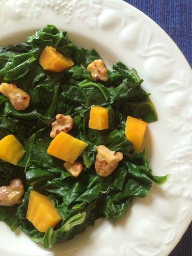Beet greens and chard with two kinds of beets and buttery toasted walnuts