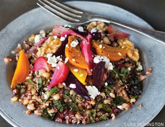 Beet greens salad with whole grains, pickled beets & fresh cheese