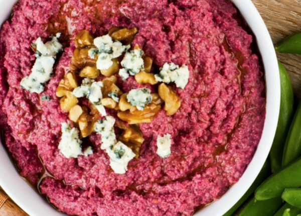 Beet hummus with blue cheese and walnuts