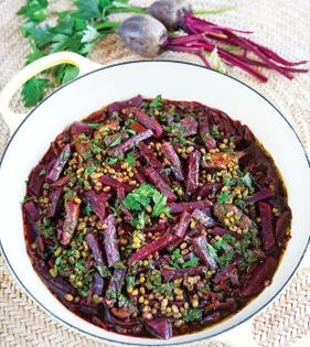 Beet, lamb + mung bean braise (Khoresh-e choghondar)
