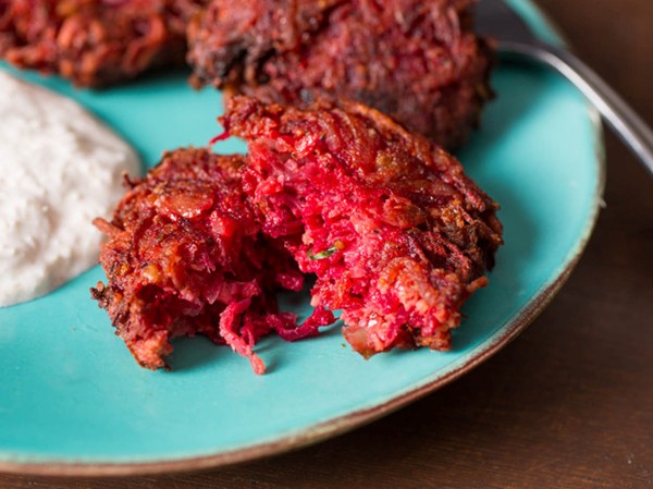 Beet latkes with walnuts and horseradish sour cream
