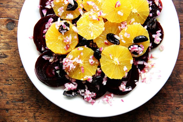 Beet, orange, and black olive salad
