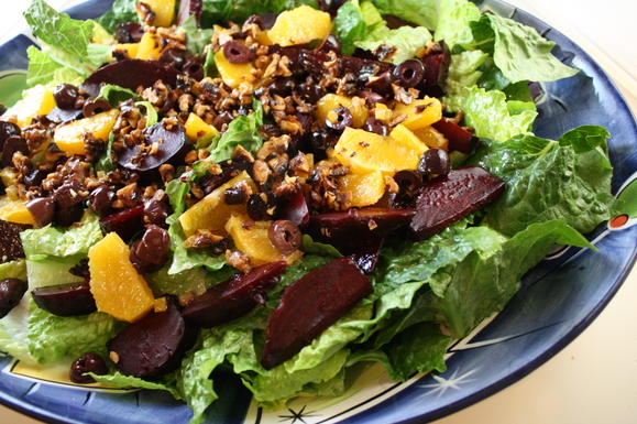 Beet, orange, olive and walnut salad 