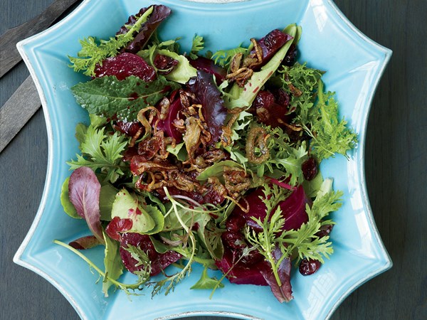 Beet, pickled cherry and crispy shallot salad