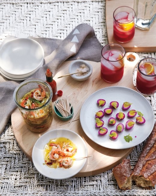Beet-pickled quail eggs