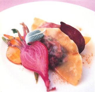 Beet ravioli with beet sauce