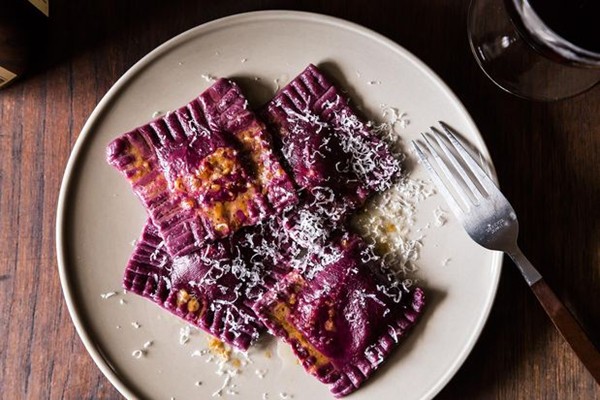 Beet ravioli with goat cheese, ricotta and mint filling