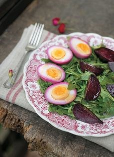 Beet salad with pink eggs